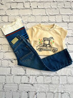 Bundle of stripped t-shirt, cream safari trip sweatshirt & jeans for boy 4T